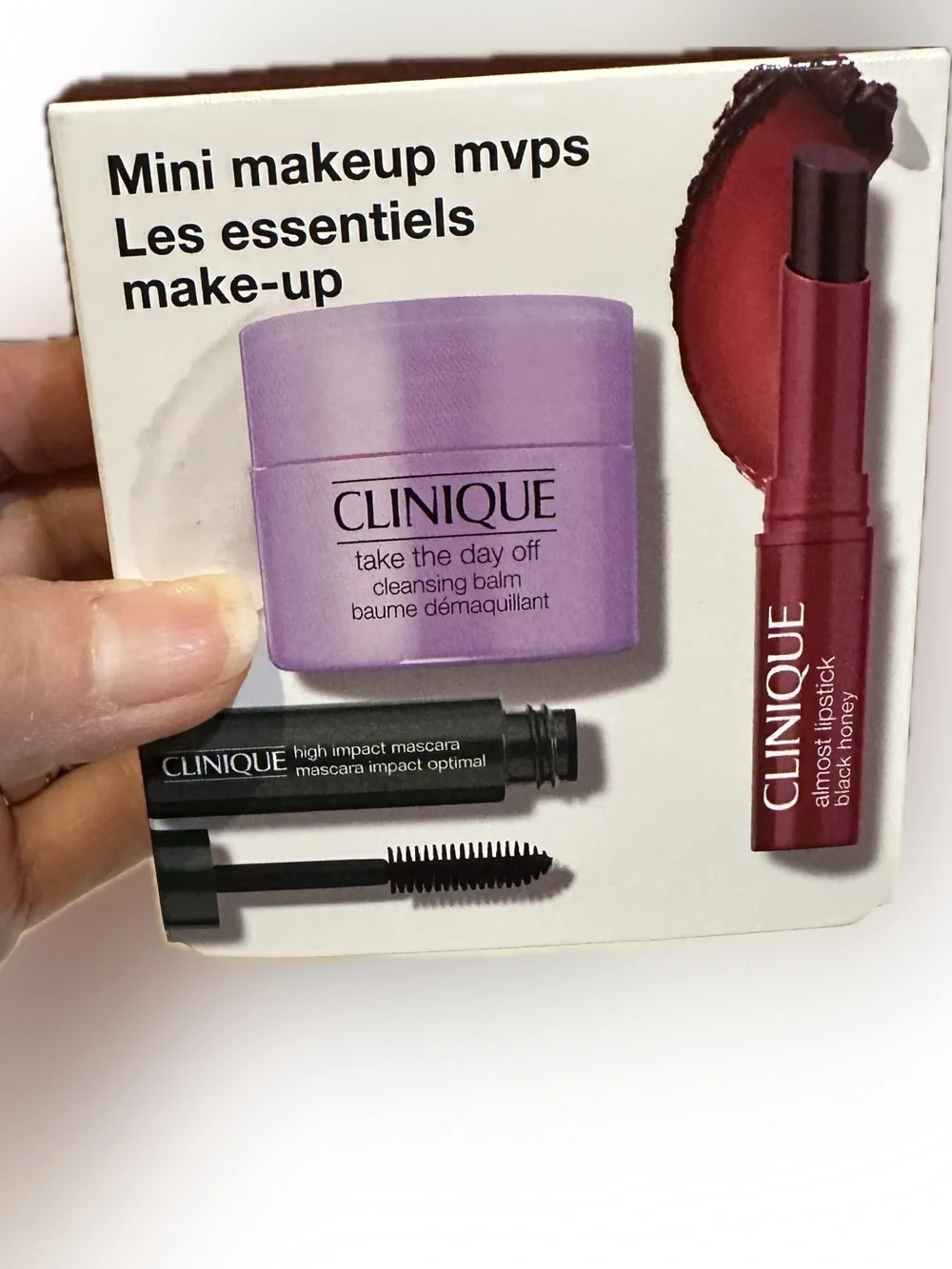CLINIQUE MINI MAKEUP MVPs LIPSTICK BLACK HONEY HIGH IMPACT MASCARA CLEANSER BALM